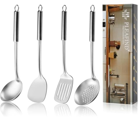 Pleafind Kochutensilien, 4-teiliges Kochutensilien set, Edelstahl Kochlöffel Set mit Suppenkelle, Schaumlöffel, Schlitz Pfannenwender, Solider Wokpfannenwender, Küchenhelfer Set