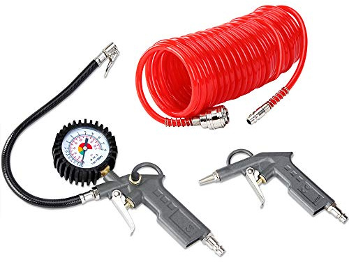 DEUBA® Druckluft Set 3tlg. 12 bar Für Gängige Kompressoren 5m Schlauch Schnellkupplung Manometer Ausblaspistole Reifenfüller Luftdruckprüfer Werkzeug
