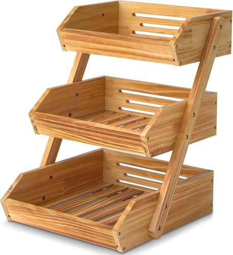CALM COZY Obstkorb aus Holz 3 Etagen, Gemüsekorb Obst Etagere, Aufbewahrung Halter für Obst, Kuchen, Süßigkeiten
