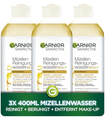 Garnier Mizellen Reinigungswasser All-in-1 Waterproof Set: Schonende Gesichtsreinigung für wasserfestes Make-up – Schnelle & effektive Make-up-Entfernung für Gesicht, Lippen & Augen, 3er Set