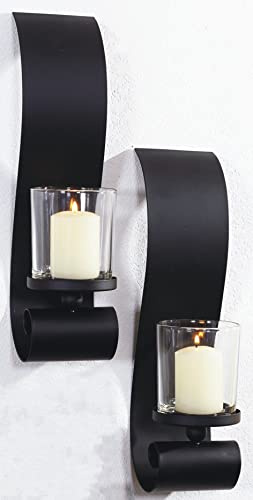 Novaliv 2X Wandkerzenhalter aus Metall mit Glas 12,5 x 36,5 x 9 cm Schwarz Kerzenhalter Wand Teelichterhalter Deko Wohnzimmer Dekoration Wanddeko Vintage Deko Kerzenständer Schwarz