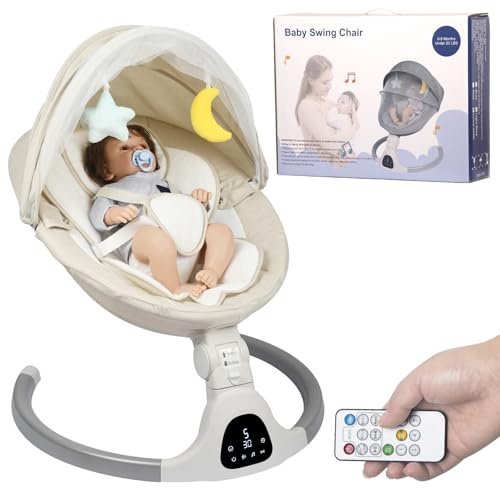 Elektrische Babywippe für Säuglinge bis 9 kg, klappbar, mit Fernbedienung & Bluetooth, Timer-Funktion, 5 Schaukelgeschwindigkeiten, 3 Sitzpositionen (Elfenbeinweiß)