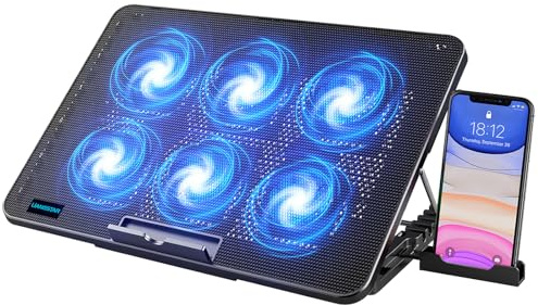 LIANGSTAR Kühler, 6 Leise Fans Gaming Cooler Kühlpads, 7 Höhenverstellbar & Handyständer, 2 USB Ports & Einstellbarer Geschwindigkeit, Laptop Lüfter für Notebook Bis 17 Zoll (Blau)