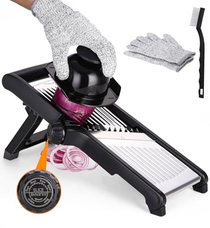Mandoline Gemüsehobel 5-in-1 Profi Verstellbar Gemüseschneider Multifunktion Gemüsehobel Edelstahl Hobel Gemüse Gurken, Obst, Karotten Schneider mit Reinigungsbürste, Anti-Schneid-Handschuhe