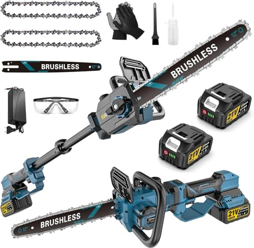 Akku Kettensäge 12 Zoll,2-In-1 Teleskop Astsäge Bis 105cm,3000W Bürstenloser Motor, Automatischer Öler & Werkzeuglose Kettenspannung und 2 * 4000 mAh FüR Baumzweige, Holzschneiden
