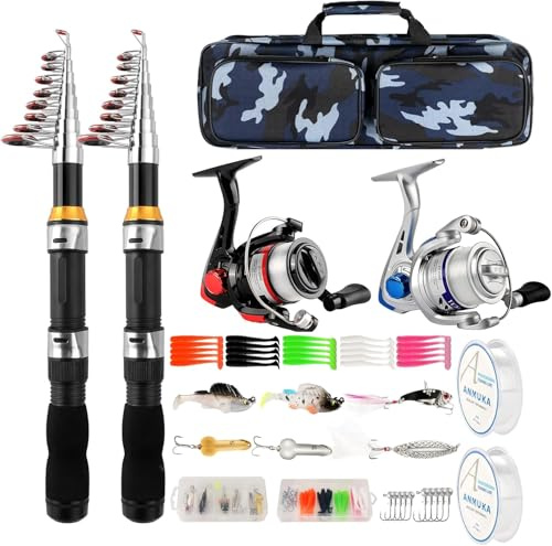 Teleskop-Angelruten-Spule, 2 Stück, 2 Stück, zusammenklappbar, Angelrute, Spinnrolle, Köder, Zubehör mit Angeltasche, tragbares Angelruten-Set für Salzwasser, Süßwasser, Reisen, Angler, Geschenk