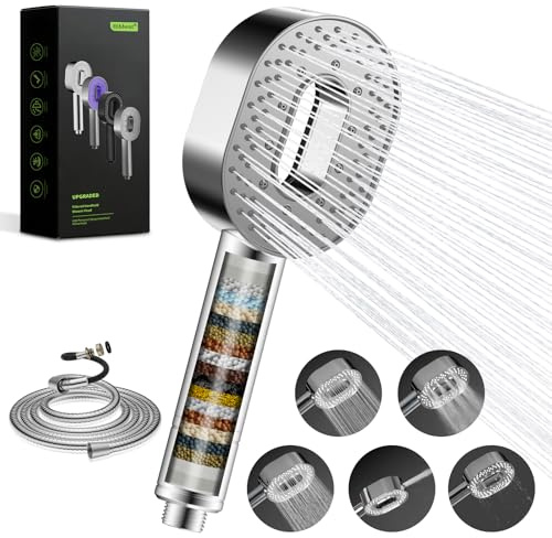 Hibbent Filter Duschkopf mit Schlauch 1,5m – Hochdruck Handbrause mit 20-Stufen Wasserfilter gegen Chlor & Kalk – 5 Strahlarten Massage Duschbrause für Haut & Haare, inkl. Filterkartusche, Chrom