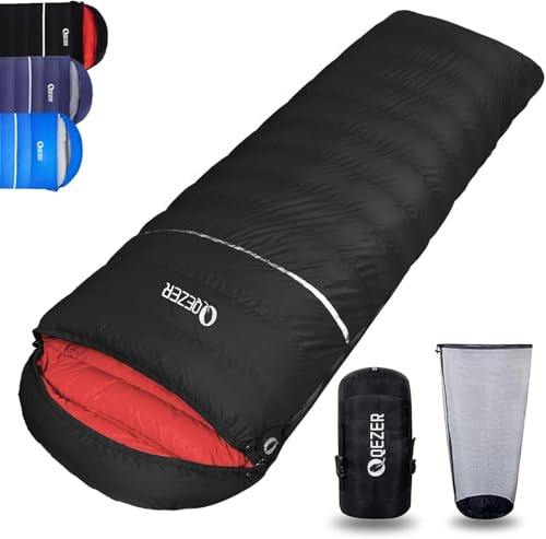 QEZER Daunenschlafsack, 4-Jahreszeiten-Schlafsack, Winterschlafsack -3°C bis -20°C Geeignet für Camping, Wandern und Outdoor-Camping für Erwachsene und Kinder (Schwarz -3°C)