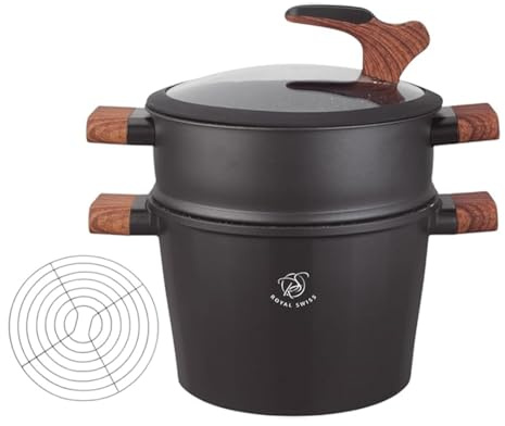 Royal Swiss Dampfgarer Topf für gesundes Kochen, 24 cm Edelstahl Couscous Topf mit Glasdeckel, Bambusgriffen, induktionsgeeignet, gleichmäßige Wärme, leicht zu reinigen, sicherer Dampfauslass.