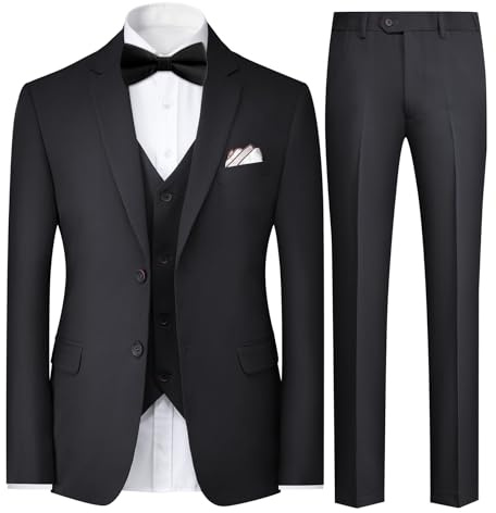 YFFUSHI Anzug Herren 3 Teilig Slim Fit Formale für Business Hochzeit | Sakko, Hose, Weste und Fliege, Einfarbig, 2 Knöpfe, Gekerbte Revers, Elegant