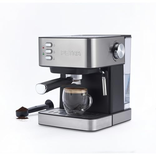 Petra Manuelle Espressomaschine mit Milchaufschäumer – Kompatibel mit gemahlenem Kaffee, 15-Bar italienische Druckpumpe, 1.6L abnehmbarer Wassertank, inklusive Messlöffel & Siebträger, 850W, PT6137VDE