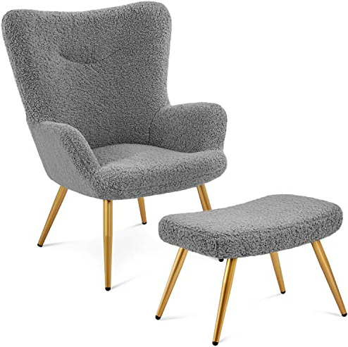 Yaheetech Ohrensessel mit Hocker Polyester-Bezug, Fernsehsessel Armlehnensessel Polstersessel Relaxsessel Cocktailsessel Teddy-Plüsch Stilvolles Design Grau