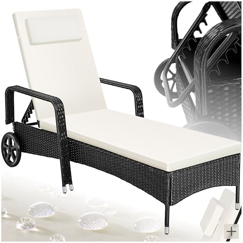 tectake Poly Rattan Gartenliege mit Rollen, 6-Fach höhenverstellbarer Liegestuhl, bis 120kg belastbar, Sonnenliege Rattan (wetterfest), Liege inkl. Polster und Kissen - schwarz/beige