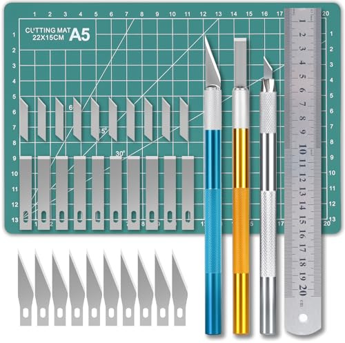 Skalpell-Set, 3 Bastelmesser, 30 Klingen, A5-Schneidematte & Lineal | Präzisionsmesser-Set für DIY, Hobby, Modellbau, Papier, Fensterfolie und kreative Bastelarbeiten