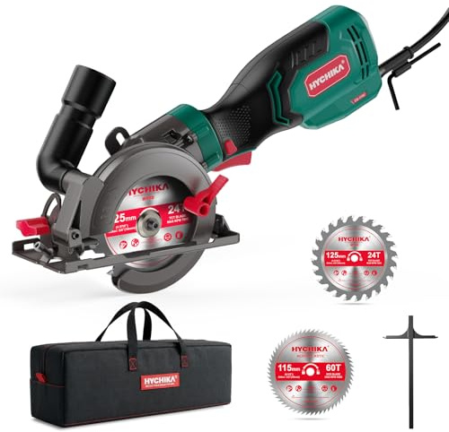 HYCHIKA Handkreissäge, 750W Mini Kreissäge 3500/min mit Tragetasche, 3 Sägeblätter 115+125mm, Führungsschiene, 48mm Schnitttiefe 90°, für Holz Weichmetall Kunststoff