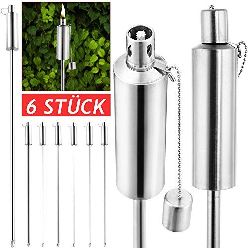 Gardebruk Gartenfackeln für Draußen Öl 6er Set 330ml Edelstahl Metall Wetterfest 115cm Groß Outdoor Ölfackeln Docht Nachfüllbar Feuer Fackeln Boden