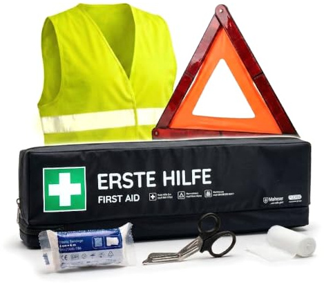FLEXEO KFZ-Verbandtasche inkl. Warndreieck und Warnweste nach aktueller DIN 13164 | Gültig für 2026, in Deutschland und der EU | Verbandkasten/Erste Hilfe Set für PKW/Auto | Schwarz