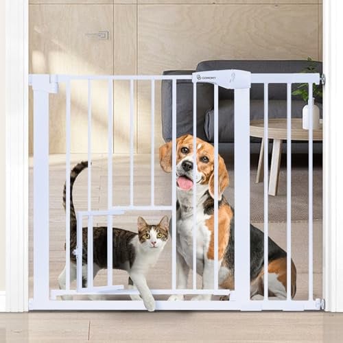 COMOMY 75-103cm Treppenschutzgitter mit Katzenklappe, ohne Bohren, Weiß | Türgitter Autoclose, Erweiterbar Absperrgitter mit 7cm und 14cm Verlängerungen, Hundegitter für Hunde und Katzen
