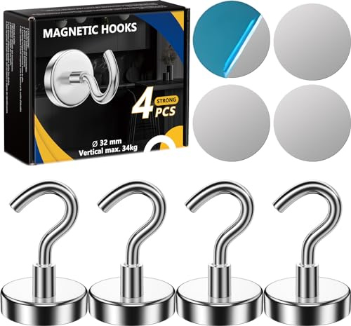 AOLLEN 4 Stück 32MM Magnethaken Extra Stark Hält 34KG, Magnet Haken | Magnetic Hooks Mit 4 Metallscheibe, Magnetische Haken für Camping, Küche Kühlschrank, Grill, Schlüsselhalter