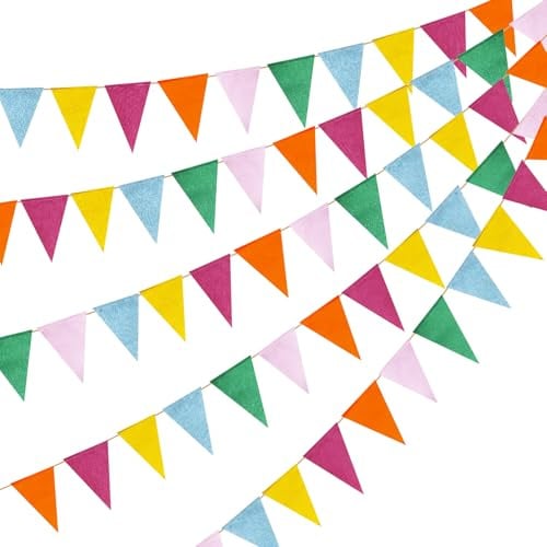 Coco Berming 5 Stück Wimpelkette Outdoor Wetterfest 24 Meter (Stil A) | Wimpelgirlande Bunt mit 60 Fahnen, Stoffgirlande für Geburtstag Hochzeit Einschulung Festival Party Kinderzimmer Deko