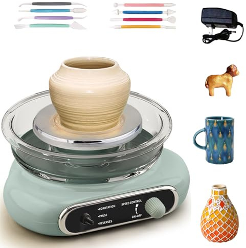 BAKENLON Mini Töpferscheibe, 2000 U/min Töpferscheibe Elektrisch, Einstellbare Geschwindigkeit, 12cm Pottery Wheel mit 8 Stück Bildhauerwerkzeugen, Töpferset Für Zuhause für DIY Bastelprojekte,Grün