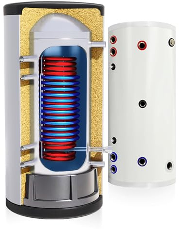 TECHGLOBE - Brauchwasserspeicher mit 2 Wärmetauscher (1.8 + 2.4 m²) - Komplett aus Edelstahl - Energieeffizient Warmwasserspeicher- mit 50mm Isolierung (200 L)