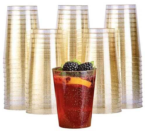 MATANA 50 Premium Plastikbecher mit Goldglitzer (285ml/10oz) – Hartplastik Partybecher Trinkbecher - Wiederverwendbar & BPA-frei – Mehrwegbecher für Cocktails, Sekt & Desserts, Hochzeiten & Partys