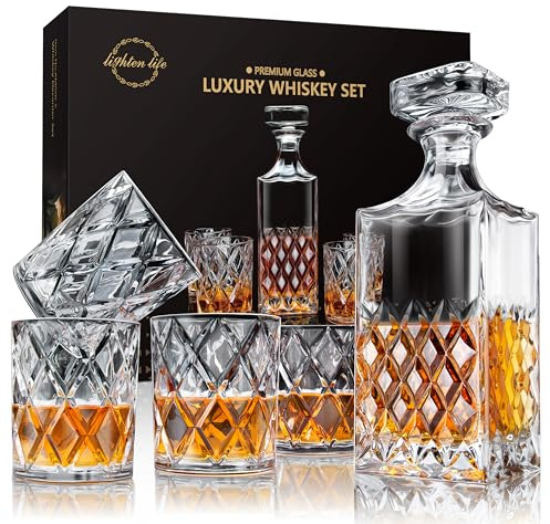 LIGHTEN LIFE Whisky Karaffe und Gläser Set,Whiskey Karaffe Set,Whiskey Geschenkset,849 ml Kristall-Whisky-Dekanter mit 4 Gläsern 280 ml in Geschenkbox (5 Stück)