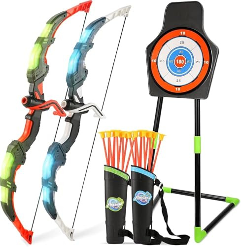 Handwell Pfeil und Bogen Kinder, LED-Bogenschießset, Indoor/Outdoor Spielzeug mit Stand-Zielscheibe/20 Pfeilen/2 Köchern, Outdoor Spiele Kinder ab 3 4 5 6 7 8 Jahre Geschenk für Jungen Mädchen-2 Stück