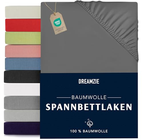 Dreamzie - Spannbettlaken 90x190/200cm - Baumwolle Oeko Tex Zertifiziert - Anthrazitgrau - 100% Jersey Spannbetttuch 90x190/200