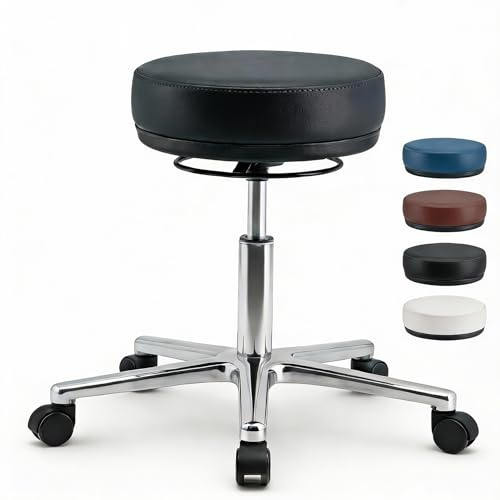 VERSEE Höhenverstellbarer Arbeitshocker LIBER aus Echt-Leder - Schwarz - Komfortable Polsterung - Belastbar bis 150kg - Ideal für Büro und Praxis