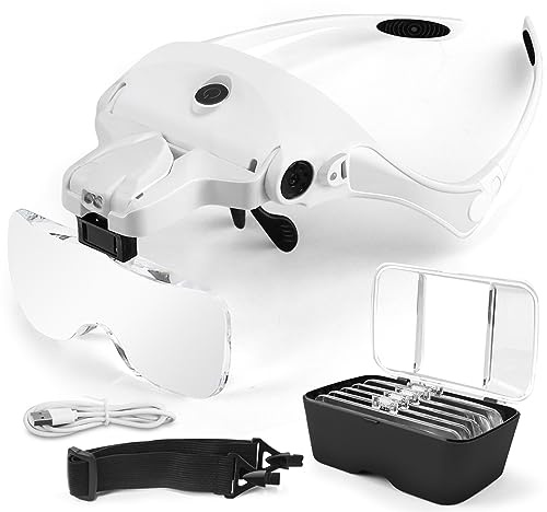 AUTOPkio Lupenbrille mit Licht LED Kopfbandlupe USB Charge Headset Lupe | Verstellbare Hände mit 2 LED Licht Leichte Stirnband Lupe Gläser für Reparieren, 5 Linsen 1.0X, 1.5X, 2.0X, 2.5X, 3.5X