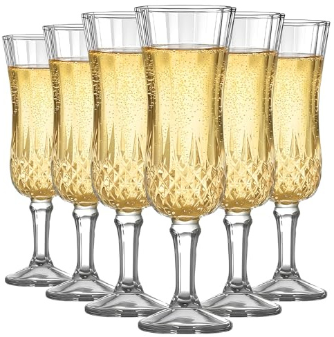 CZCMYAU Champagnergläser, 6er-Set, 155 ml/5,2 oz Champagnerflöten Vintage-Sektgläser Wiederverwendbare transparente Weingläser für Hochzeiten, Gartenpartys, Geburtstage, Weihnachten, Picknicks