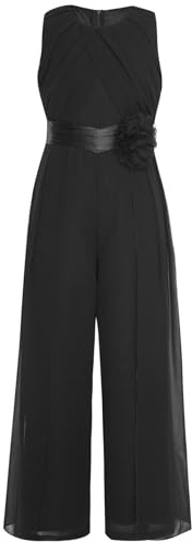 Moggemol Mädchen Jumpsuit Festlich Ärmellos Overall Sommer Blumenmädchenkleid Lang Weites Bein Hose Mit Taillengürtel Für Party Hochzeit Kommunion Schwarz 158-164