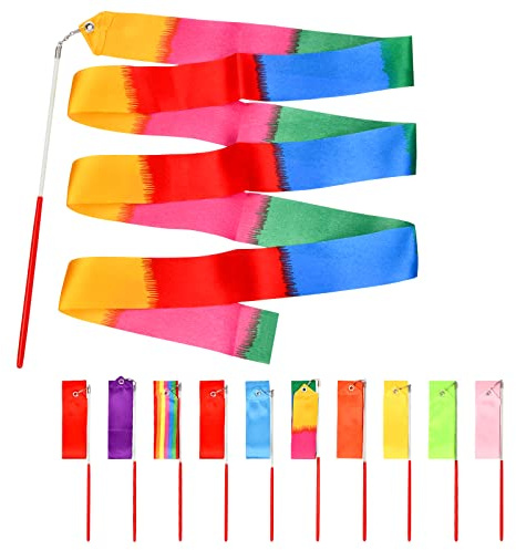 Mikihat 10 Stück Gymnastikband Tanzband, Rhythmic Gymnastics Bänder 2m Tanzbänder Streamer Gymnastik Bänder Rhythmikband, für Kinder Mädchen Tanzen Gym Zirkus, 10 Farben