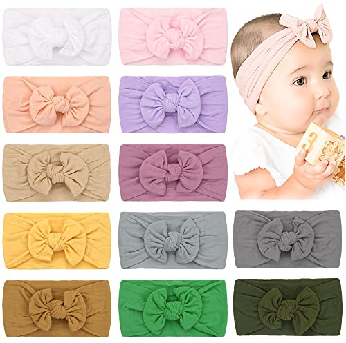 JOYOYO 12 Stück Baby Stirnbänder für Mädchen mit Haarschleifen - Weiche Nylon Stirnbänder für Neugeborene, Kleinkinder