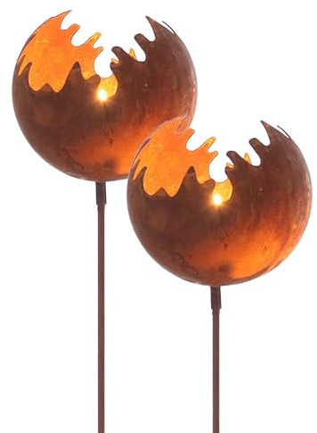 Spetebo Metall Gartenstecker Naturrost Feuerball - 2er Set/klein - Rost Windlicht mit Erdspieß 77 x 11 cm - Garten Deko Kerzen Halter Feuerkugel