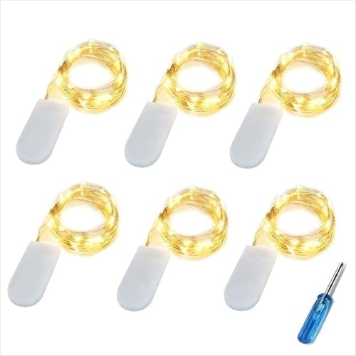 BXROIU 20er Micro LED Lichterkette mit CR2032 Batterie betrieb Auf 2 Meter Silberdraht für Party, Garten, Weihnachten, Halloween, Hochzeit, Beleuchtung Deko (Warm weiß, 6 Stück)