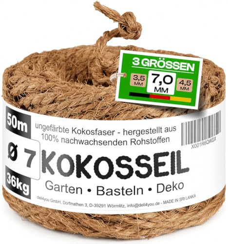 deli4you Kokosseil Gartenseil für Pflanzen – 7mm x 50m Kokosstrick für Bäume Kokosfaserschnur Baumbinder Kokosseil für Bäume unbehandeltes Kokosband Gräser zusammenbinden
