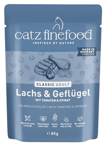 catz finefood Classic N° 5 Lachs & Geflügel Katzenfutter nass - Gourmet Nassfutter für Ihre Katze ohne Zucker & Getreide, glutenfrei - mit hohem Fleischanteil, Made in Germany (24 x 85g Beutel)