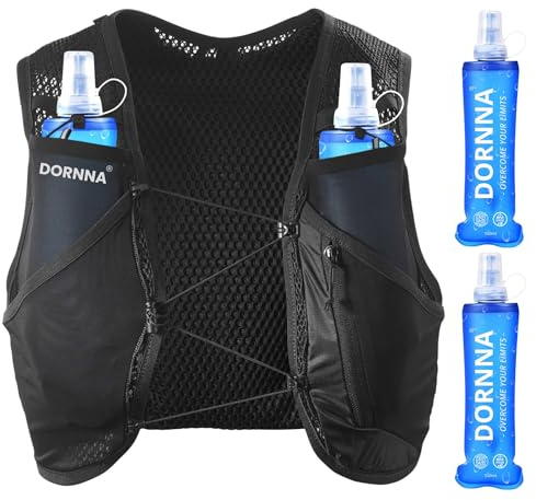 DORNNA Light Edition V1 - Laufweste Damen und Herren mit 2 Trinkflasche 500 ml, Running Vest, Laufrucksack, Trinkrucksack Laufen. (Schwarz, XS-S)