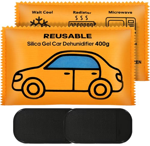Flow fire 2 Pack x 400g Wiederverwendbare Luftentfeuchterbeutel für Auto, Kieselgel Auto Feuchtigkeitsabsorber mit Anti-Rutsch-Pad, Kondensationsbeutel für Haus, Fenster