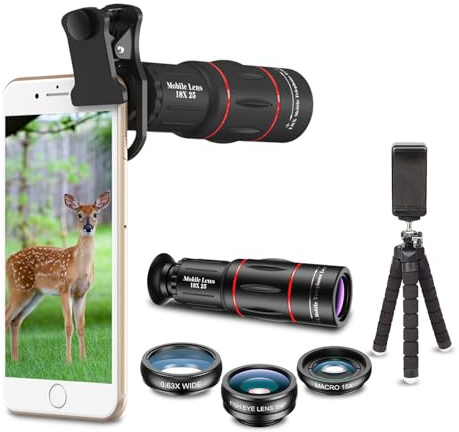 Apexel Handy-Kamera-Objektiv-Set, 18x Teleobjektiv/Weitwinkel- und Makro-Objektiv/Fischaugen/Kaleidoskop-Objektiv/Sternfilter mit Fernauslöser-Stativ für Phone