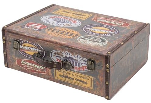 HMF Vintage Deko Koffer aus Holz, Aufbewahrungsbox mit Deckel und Ledergriff, stilvolle Aufbewahrung und Geschenkidee für Hochzeit oder Geburtstag | Garage | 44 x 32 x 16 cm