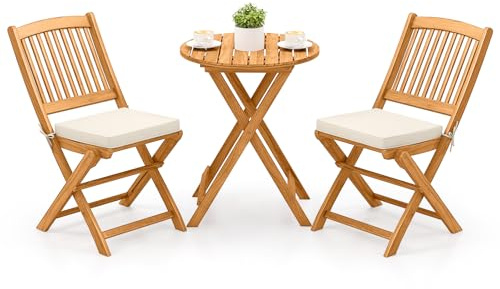 COSTWAY 3tlg. Balkonmöbel Set, Bistrotisch mit 2 Stühlen, klappbares Balkonset aus Akazienholz mit 2 Kissen, Bistroset, Gartengarnitur, Gartenmöbel, Sitzgarnitur, Sitzgruppe für Garten, Balkon (Beige)