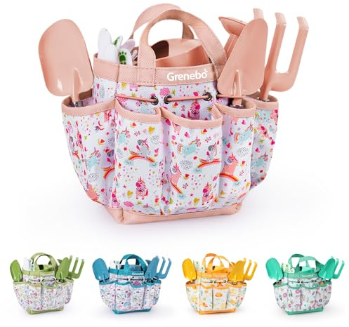 Grenebo-Gartenspielzeug für Kinder, inklusive Metallkelle, Pflanzschaufel, Gartenhut, Rechen, Schürze, Handschuhe, Gießkanne und Werkzeugtasche (rosa)