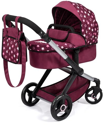 Bayer Design 17023AA Puppenwagen Xeo mit Tasche, höhenverstellbarer Griff, Schwenkschieber, wandelbar als Puppenjogger, bewegliche Vorderräder, integrierter Korb, Bordeaux, Rosa
