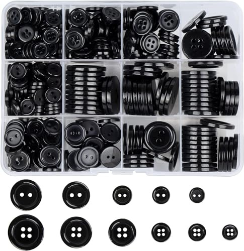 404 Stück Harzknöpfe 2-Loch und 4-Loch Schwarz Knöpfe Rund Knöpfe mit Aufbewahrungsbox für Kleider Nähen DIY Handwerk Scrapbooking und Dekorieren, 10mm/11.5mm/12.5mm/18mm/20mm/23mm