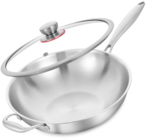 LOLYKITCH Wokpfanne Edelstahl 34 cm mit Deckel, Unbeschichtete Wok Pfanne für Induktion & Gasherd, Edelstahlpfanne ohne Beschichtung, Stainless Steel Wok, genieteter Griff