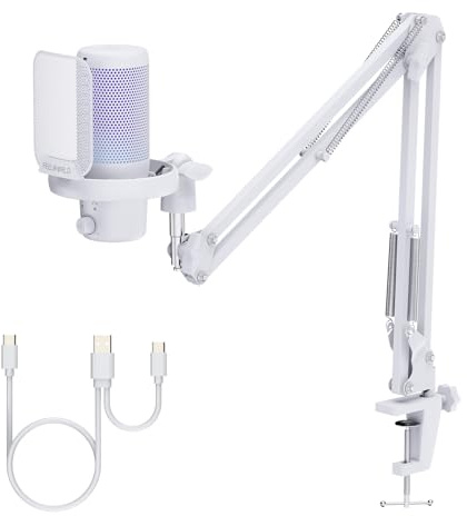 FEELWORLD VM1 USB-Gaming-Mikrofon mit Kragarmständer für die Aufnahme von Podcasts, Videospielen, Studio-PC-Mikrofon, weiß mit Nierencharakteristik, RGB-Beleuchtung, Anti-Spray-Mesh